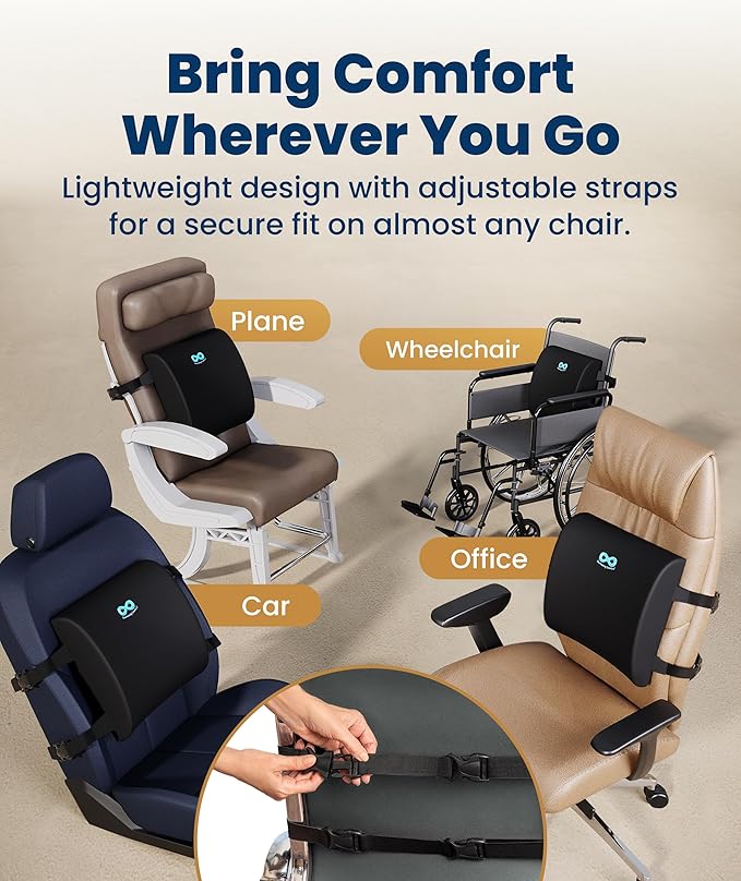 Everlasting Comfort Lumbar Support Pillow for Office Chair - Memory Foam Back Cushion for Car Seat - Promotes Better Posture, Back Pain Relief - Ideal Gaming and Desk Chairs Work and Home Essentials