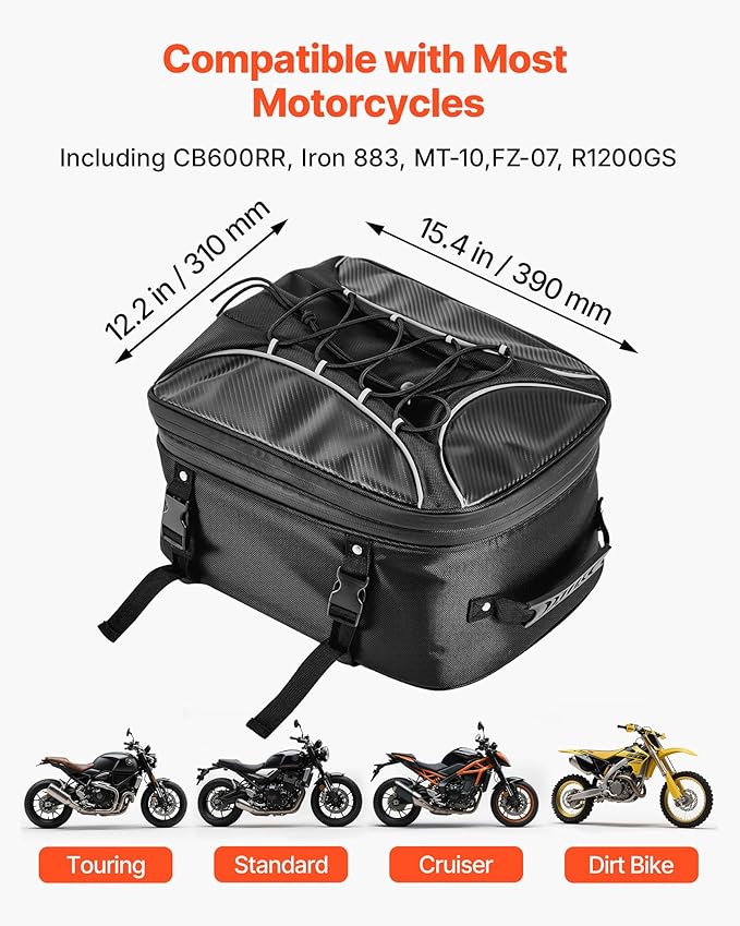VEVOR Motorcycle Tail Bag, Dual Use Motorcycle Rear Seat Bag with Waterproof Rain Cover, 22-34 L Expandable Outdoor Sports Motorbike Luggage Storage Backpack Handbag with Straps