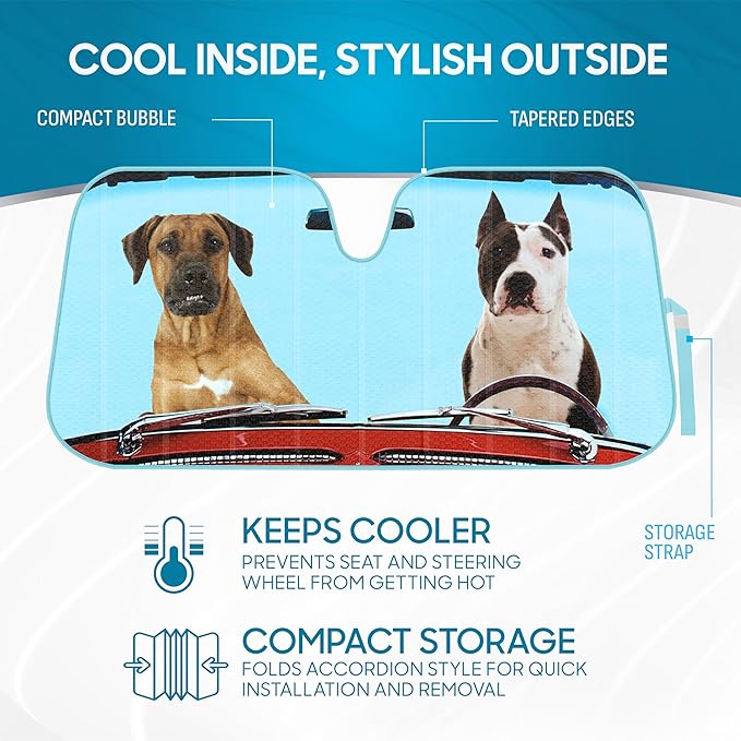 2 Dogs Driving Front Windshield Sun Shade - Accordion Folding Auto Sunshade for Car Truck SUV - Blocks UV Rays Sun Visor Protector - Keeps Your Vehicle Cool - 58 x 28 Inch