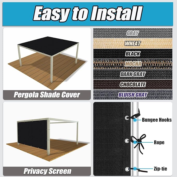 Amagenix 90% Sun Shade Cloth with Grommets, 6' x 12' Pergola Replacement Shade Cover Canopy Privacy Screen for Outdoor Patio Garden, Black (We Customized)