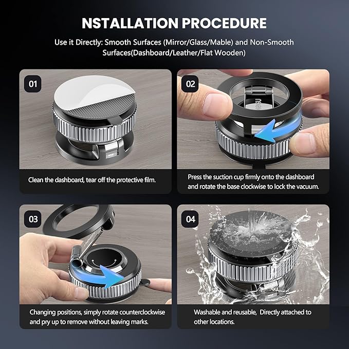 Vacuum Magnetic Car Phone Holder-118LBS Strong Suction+2800gf Magnet,360° Adjustable Dashboard Mount, Hands-Free Cell Phone Stand for iPhone/Samsung MagSafe, Works on Mirror/Gym/Kitchen &Multi-Surface