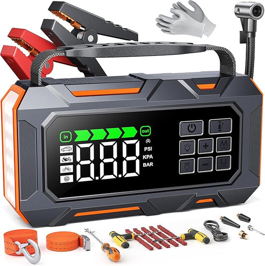 TREKURE 16-in-1 8000A Car Battery Jump Starter with Air Compressor 160PSI, Jump Starter Jump Box (All Gas 12L Diesel) with Portable Jumper Cables, Auto-Shutoff Tire Inflator, Gloves, Tow Rope