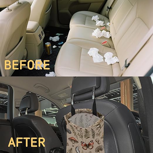Retro Mushrooms Car Trash Bag,Nature Woodland Strap Drawstring Car Garbage Bags,Car Back Seat Organizer with Adjustable Buckle for Car Accessories