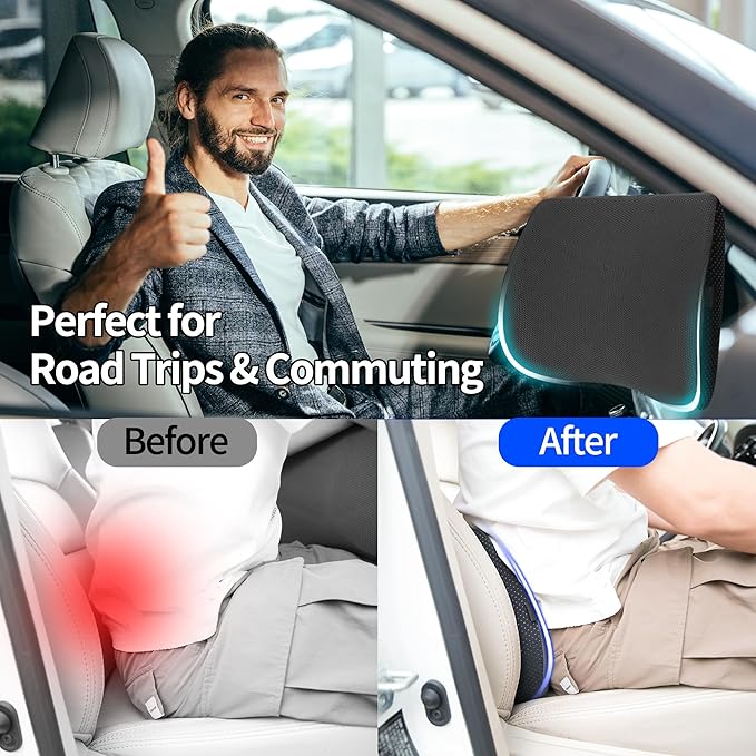 Lumbar Support Pillow for Car, Lower Back Support for Driving Seat Memory Foam Lumbar Pillow for Office Chair - Back Pain Relief for Car Seat, Wheelchair (Black)
