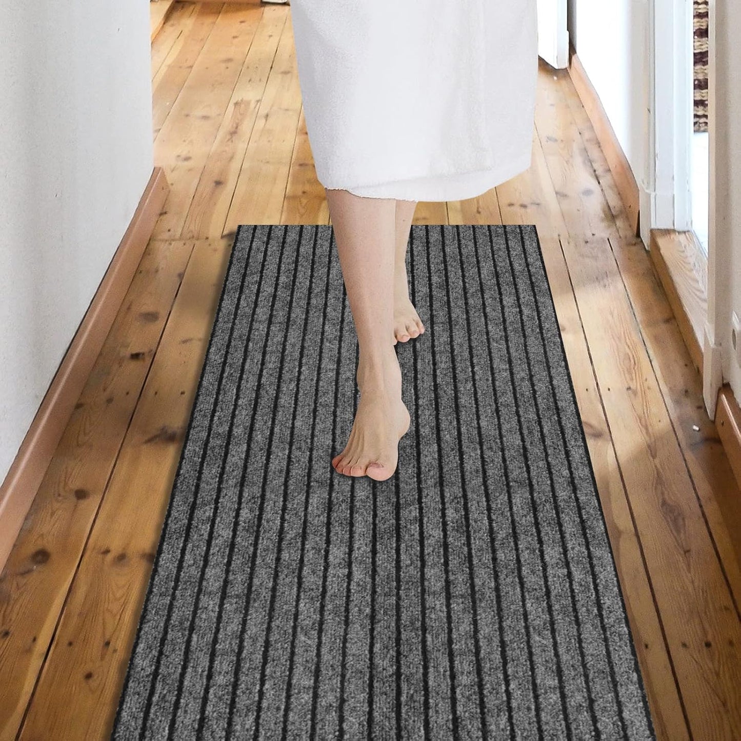 Custom Size Backed Non-Slip Area Rugs Runner, Easy Clean, Waterproof Runner Rugs for Hallway Entryway, Kitchen, Laundry, 3FT x 29FT, Gray Stripe