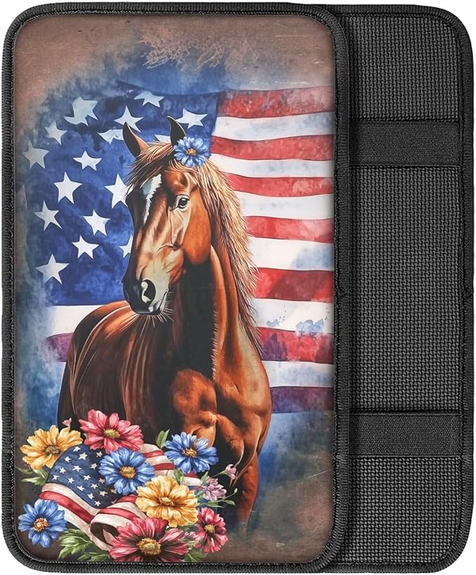 Suobstales Horse Daisy American Flag Print Car Armrest Pad Soft Center Console Arm Rest Protector Cover Universal Car Interior Accessories Decoration