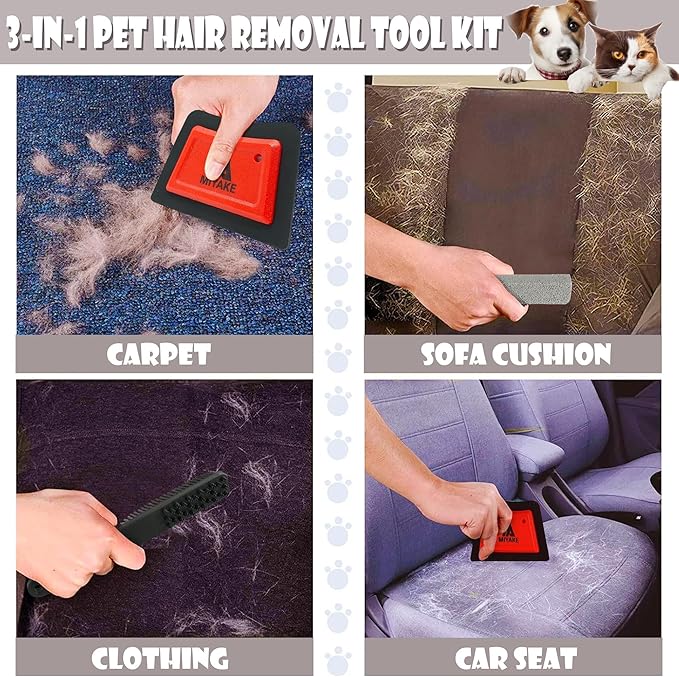 Miyake 3-in-1 Pet Hair Remover Rubber Brush with Squeegee, Cat and Dog Hair Remover Pumice Stone Tool, Lint & Carpet Cleaner for Couch, Furniture, Clothes, Pet Bed, Car Detailing Supply & Home Tools