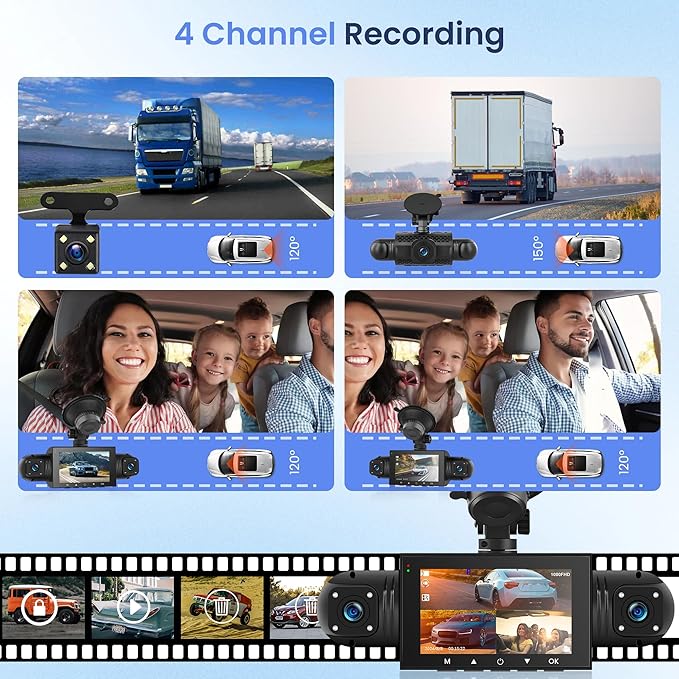 4 Channel Dash Cam 360° View, 1080P Front and Rear Inside, Left Right Dash Camera for Cars, 8 IR Lamps Night Vision, 4/7 Recording Parking Mode Monitor Rimoody
