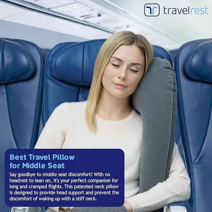 TRAVELREST Ultimate Inflatable Neck Support & Body Pillow - Airplane Pillow for Long Flight Comfort, Travel Essentials, Sleeping Accessories, Headrest Support Seat for Car (Grey)