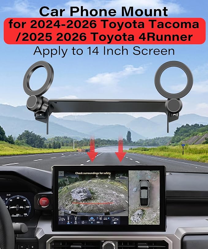 Magnetic Car Phone Mount for 2024 2025 2026 Toyota Tacoma / 2025 2026 4Runner Accessories, for MagSafe Strong Magnets Cell Phone Holder 14-Inch Screen Cradles, with Portable Phone Gripper