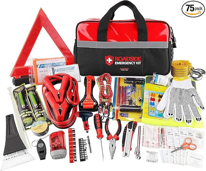 Kitgo Car Emergency Kit,Premium Roadside Assistance Essentials with Jumper Cables, Flashlight, Shovel, Screwdriver Set - Ideal Auto Road Safety Kit, Survival, Truck, RV and More Gift for Father (Red)