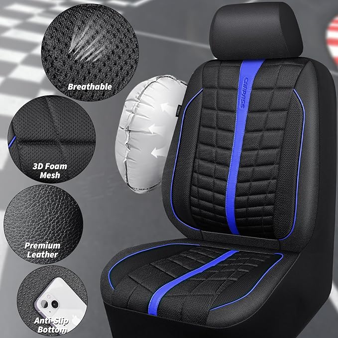 CAR PASS 3D Air Mesh Black Blue Seat Covers for Car,Leather Car Seat Cover Front Seats,Breathable Foam Premium Leather Mesh Front Seat Covers Universal Fit for Cars Sedans Trucks Vans SUVs,Black Blue