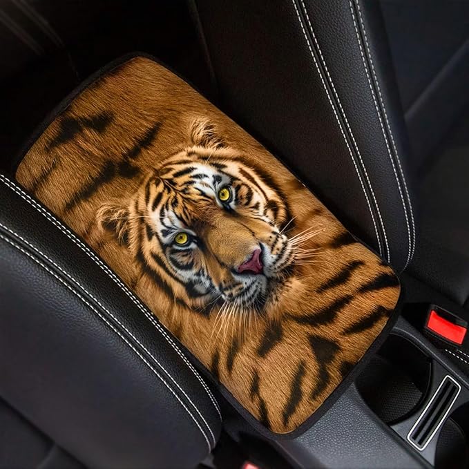 Tiger Print Car Armrest Pad for Men Soft Center Console Arm Rest Protector Cover Universal Car Interior Accessories for SUV Van Sedan Truck