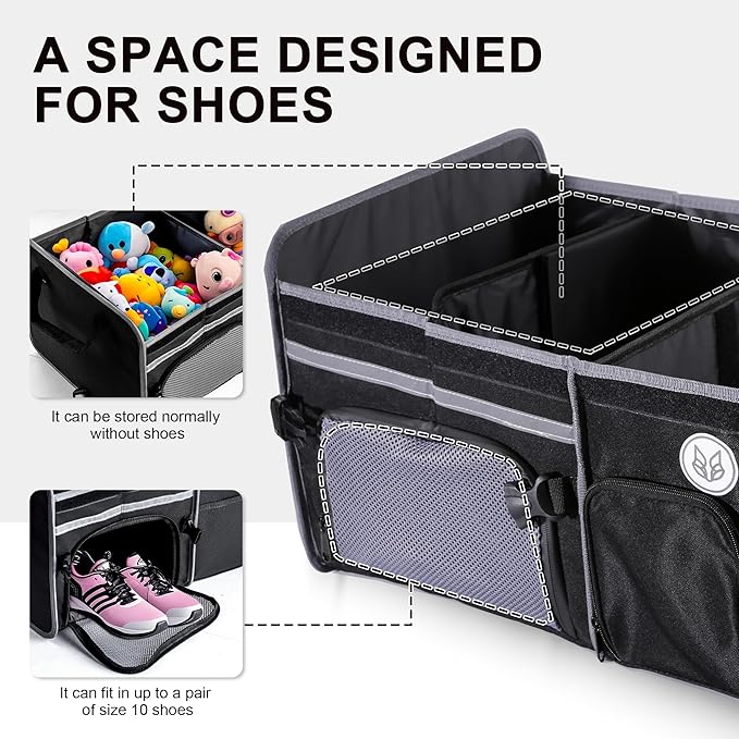 SugarFox Bold Color Block Trunk Organizer, Foldable with 26L Ice Pack,95L Dedicated Shoe Space, Stylish for SUV/Car (Black, Midsize)