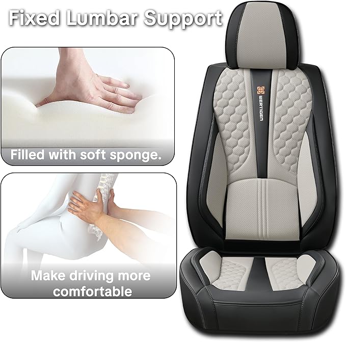 Black and Grey PU Leather Car Seat Covers - Luxury Waterproof Car Seat Covers with Lumbar Support, Non-Slip Base, Airbag Compatibility, Easy Installation and Cleaning