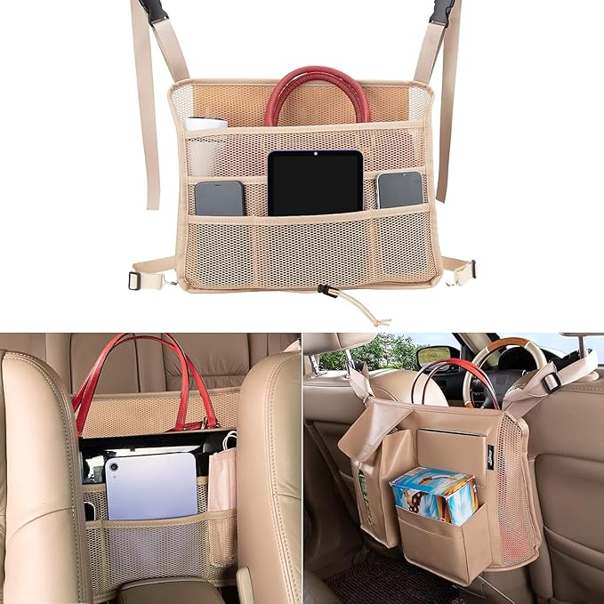 Car Seat Back Organizer, Net Purse Hangbag Holder for Car, Auto Driver Or Passenger Accessories Organizer, Vehicle Console Caddy, Personal Travel Storage Bag for Pet Kids Adults, Pu Leather Beige