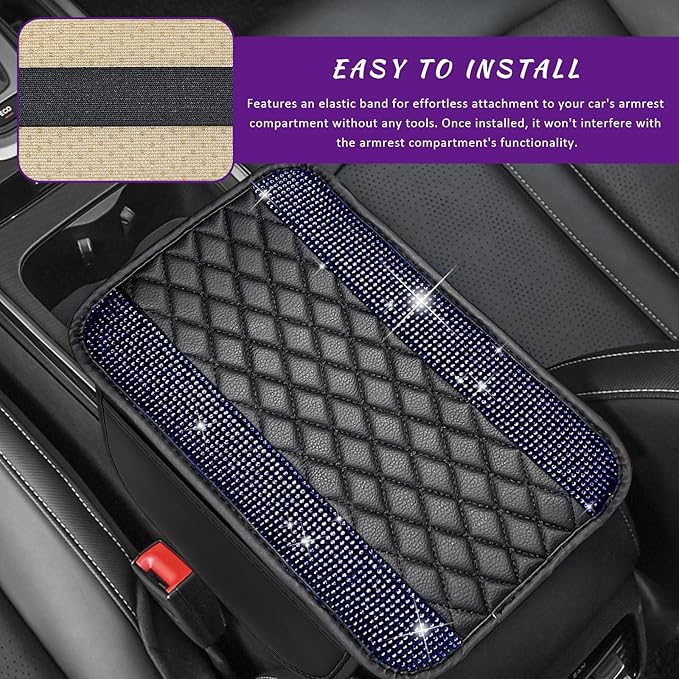 Sun Walker Bling Car Center Console Cover, Anti-Scratch Car Armrest Seat Box Cushion Pad with 2 Storage Bags, Leather Middle Console Protector Crystal Interior Accessories for Most Cars (Blue)