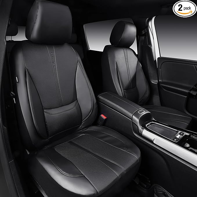CAR PASS Nappa Leather Car Seat Covers, Water Resistant 3D Foam Faux Leather Seat Covers, Lumbar Support Automotive Seat Covers 2 Front Seats, Comfort & Universal Fit for Cars SUV Truck, Solid Black