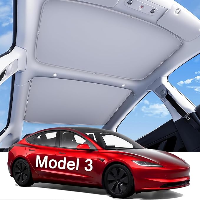 2026 Upgraded Tesla Model 3 Highland Sunshade Roof, UPF200+ Roof Sunshade with Storage Bag, No-Sag&No-Gaps Heat Insulation Foldable Roof Shade, Tesla Accessories for Highland 2024-2026,Gray