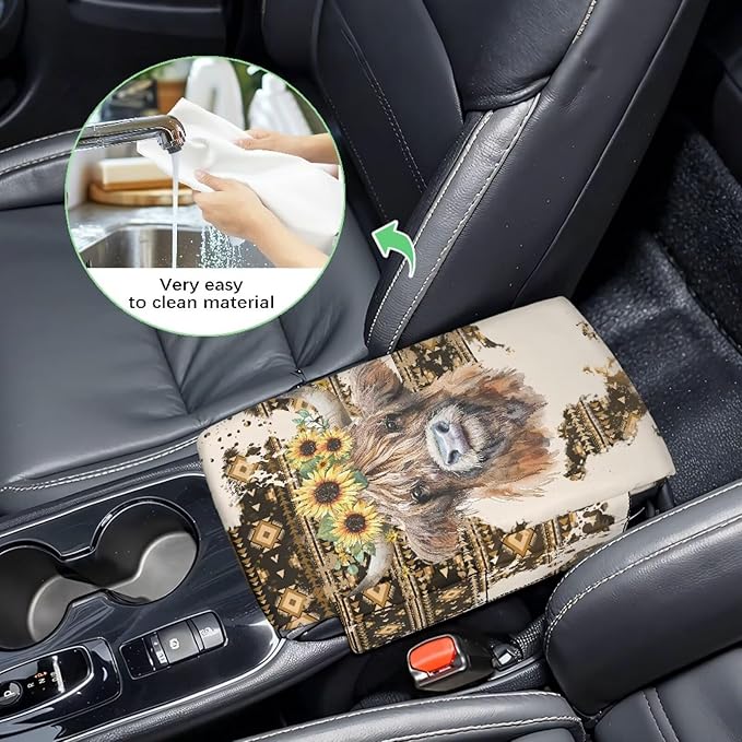 Tupalatus Aztec Car Console Cover Waterproof Highland Cow Universal Armrest Cover with 2 Storage Bags Center Console Covers Universal Fit for Car for Most Vehicle, SUV, Truck, Cars