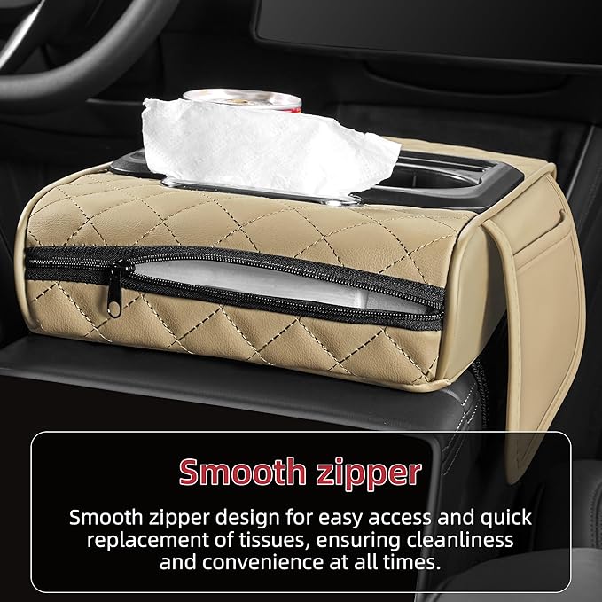 5 in 1 Car Center Console Cover, Armrest Pad with 2 Storage Pockets, Cup Holder, Tissue Box Slot, Phone Holder, Universal Car Interior Organizer (Beige)