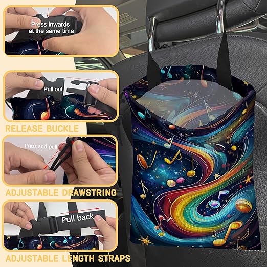 Colorful Music Notes Galaxy Car Garbage Bag, 5.1L Rectangular, Drawstring, Foldable, for Cars, Trucks, SUVs, RVs