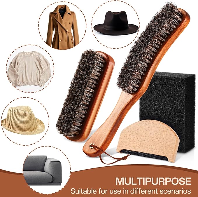 4 Pcs Horsehair Felt Hat Brush Kit with Cleaning Sponge Cowboy Clean Hat Wood Fedora Hat Cleaning Set Baseball Cap Lint Brush Remove Dust for Hair Furniture Suits Clothes(Style D)