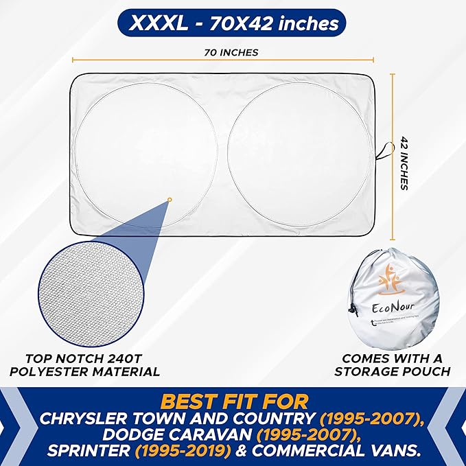 EcoNour Foldable Car Windshield Sun Shade | Sun Shade for Car Windows Blocks UV Rays and Keeps The Heat Out | Foldable Essential Accessory for Enhanced Comfort | XXX-Large (70 x 42 inches)