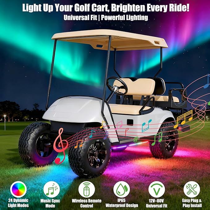 10L0L Golf Cart Underglow LED Light Kit, 4PC Flexible Neon Strip Lights with 14 Modes, Music Sync, Waterproof Remote Control Underbody Glow for EZGO, Club Car, Yamaha