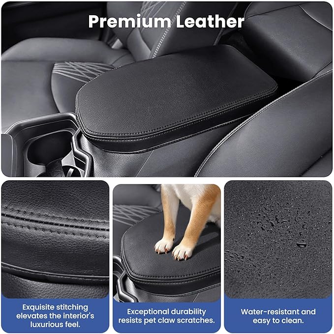 Center Console Cover for Toyota RAV4 2019-2025, Upgraded PU Leather Armrest Cover for RAV4 Adventure/Hybrid/XLE/LE/Limited/TRD Off-Road/Premium/XLE Premium (Black Stitching)