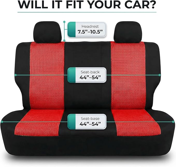 FH Group Automotive Rear Car Seat Covers for SUV, Trucks, Sedan and More - Universal Fit Front High Back & Rear Solid Bench Design Interior Accessories - 3D Mesh Fabric Center Panel - Red
