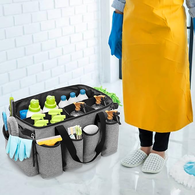 HODRANT Extra-Large Cleaning Caddy, Organizer with Handles for Cleaning Tools & Products Storage, Large Capacity Tote Bag for Car, Home & Housekeeping Work, Gray