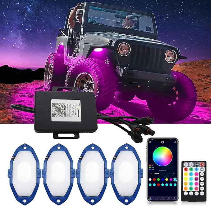 RGB LED Rock Lights, Neon Underglow Kit for Car with App/Remote Control and Voice-Activated Music Mode, 4 Pods Waterproof Car Light Rock Lights for Trucks ATV SUV RZR UTV Boat Motorcycle (Blue)