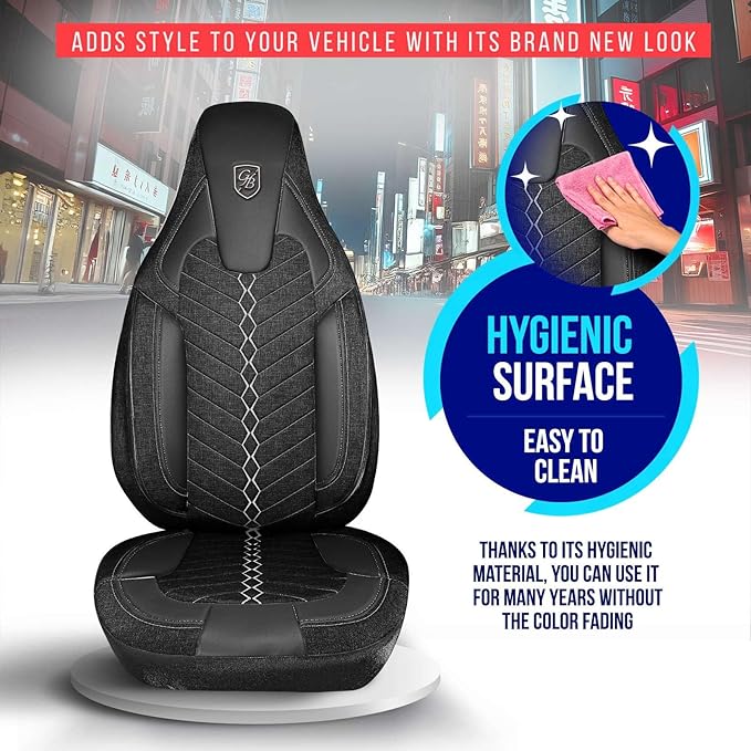 Premium Car Seat Covers Front Seat - Linen Car Seat Cover for SUV, Cars, Most Pickups, Black-Grey Stitching, Car Seat Protector, Car Seat Covers Front Seats, Car Seat Protector