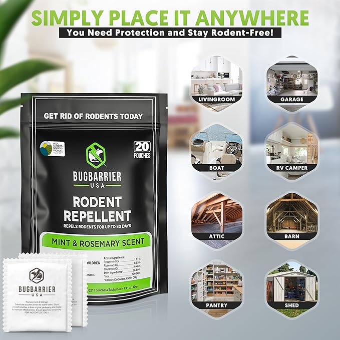 BugBarrier's Extra-Strength Mouse Repellent Deterrent Pouches, USDA 99% Biobased, Peppermint & Rosemary Oils Repel Mice Nesting in Car, RV, Boat, Garage, Shed, Cabin Made in The USA (Pack of 20)