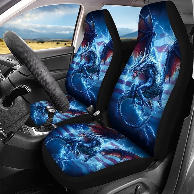 KEIAHUAN 4pcs Car Seat Covers Full Set Blue Dragon American Flag Auto Seat Cover Universal Front and Rear Seat Covers Light Breathable Automotive Interior Accessories for SUV,Sedan,Truck