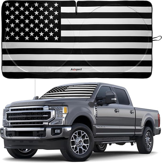 Windshield Sun Shade - American Flag Design, High-Resolution Sun Visor for Car, Truck, SUV with Mirror Cut-Out for Interior Sun Protection, Foldable Car Sun Shade (Black and White, X-Large)