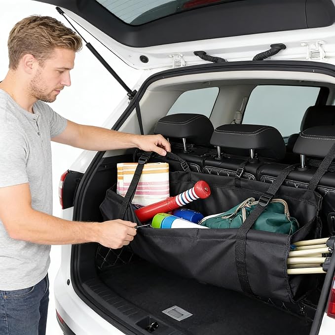 Car Trunk Organizer Hanging Bag, Waterproof Backseat Storage for SUV Jeep Truck Minivan, Black, 35.4 x 11.2 Inches, Foldable