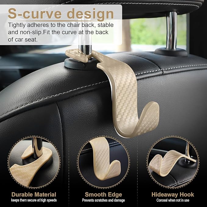LivTee Car Purse Hook, Headrest Hook for Car, 4 Pack Universal Auto Car Seat Headrest Hook Hangers Organizer for Purse Coat Umbrellas Grocery Bags Handbag, Car Accessories - Carbon Fiber Beige