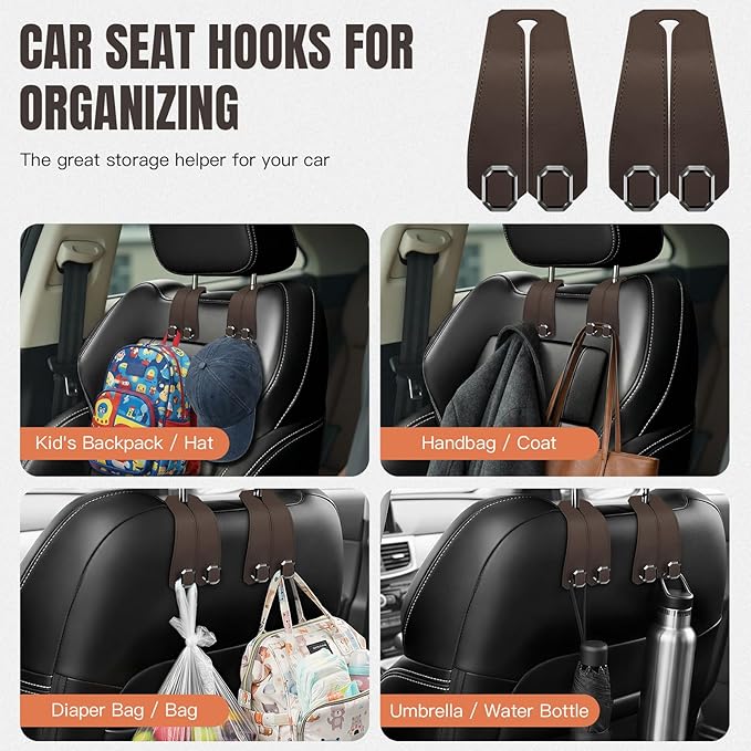 2PCS Car Hooks for Headrest, Faux Leather Purse Hook for Car Seat Back Organizers and Storage, Double Metal Purse Holder Bag Hanger, Universal Car Interior Accessories for Women Man