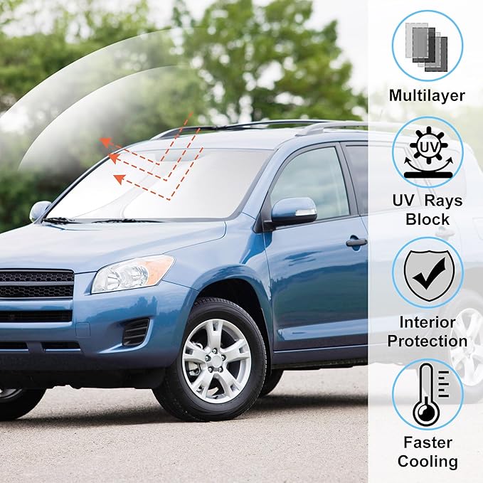 Windshield Sun Shade Custom Fit for 2006-2012 Toyota RAV4 Accessories Foldable Sunshade Sun Blocker Protect Car from Sun Rays & Heat Damage Keep Car Cooler