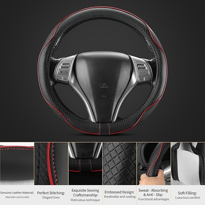 Leather Car Steering Wheel Cover,Anti-Slip, Safety, Soft, Breathable, Heavy Duty, Thick, Full Surround, Sports Style,Universal Car Accessories for Women Men Fit 14"1/2-15"(Black with Red line)