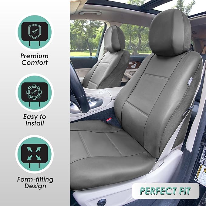 FH Group Classic PU Leather Pair Set Car Seat Covers, Airbag Compatible with Gift - Universal Fit for Cars Trucks & SUVs (Solid Gray) PU002102