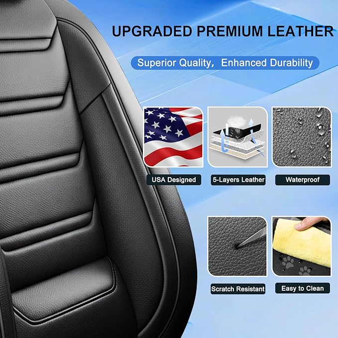 Fit Ridgeline Car Seat Covers for Select Honda Ridgeline 2007-2025 2026 - Premium Full Coverage Leather, Airbag Compatible, Waterproof & All Weather Seat Cushion Protector, Full Set, Black