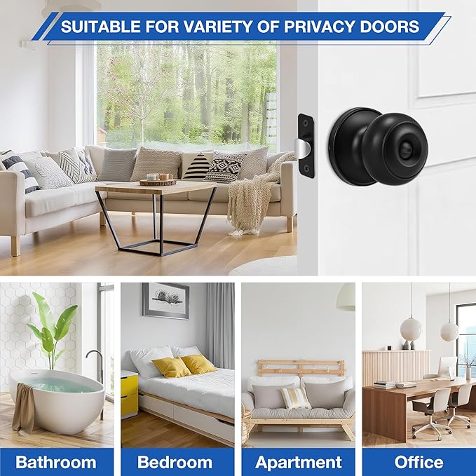 Plustool 5 Pack Matte Black Door Knobs, Privacy Door Knob with Lock, Interior Doorknobs with Round Ball, Keyless Door Lockset for Bedrooms Bathrooms