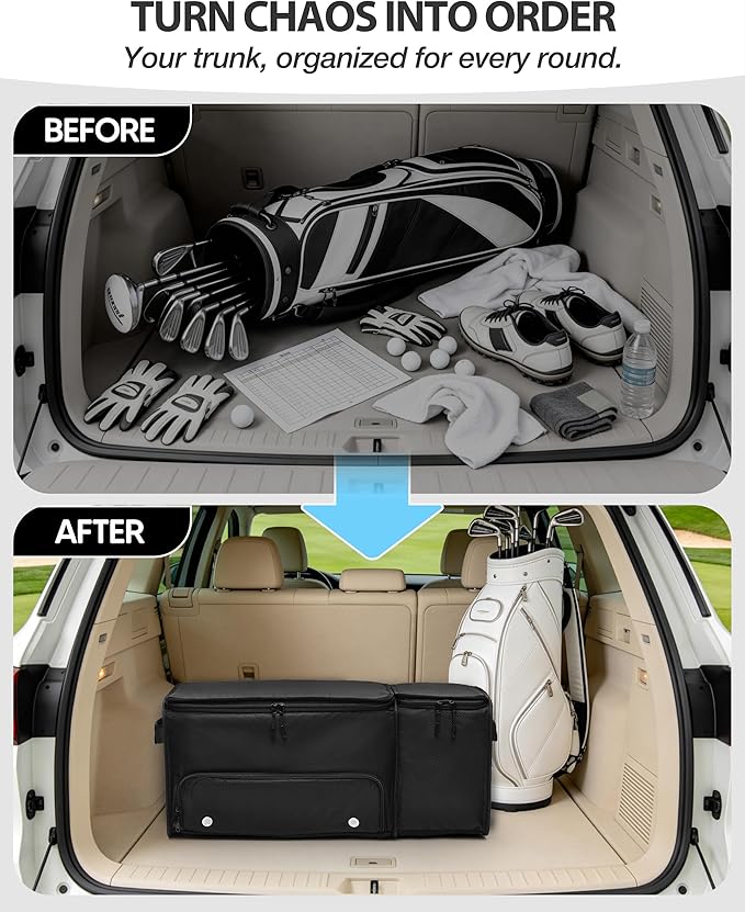 Marscamd Golf Organizer for Car Trunk with Cooler, Anti-Sag Design, Ventilated Shoe Compartment, 2-Layer Storage Bag for Golf Accessories, Fits SUVs & Sedans - Black