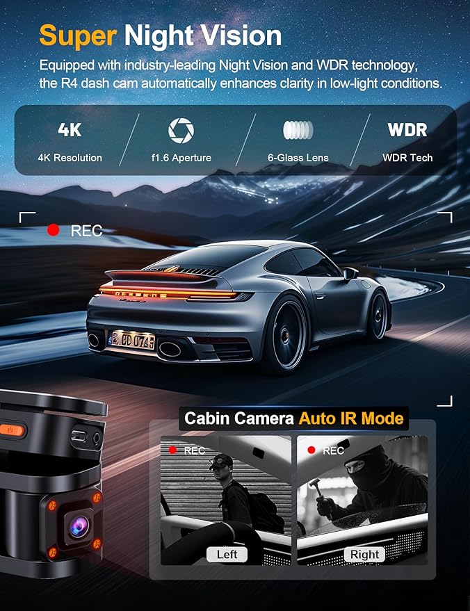 360° View 4K 4 Channel Dash Cam Front and Rear Inside Left Right, Built-in GPS, 5.8GHz WiFi, Car Dash Camera for Cars with App Connect, Support Parking Mode, G-Sensor, Free 128GB Card
