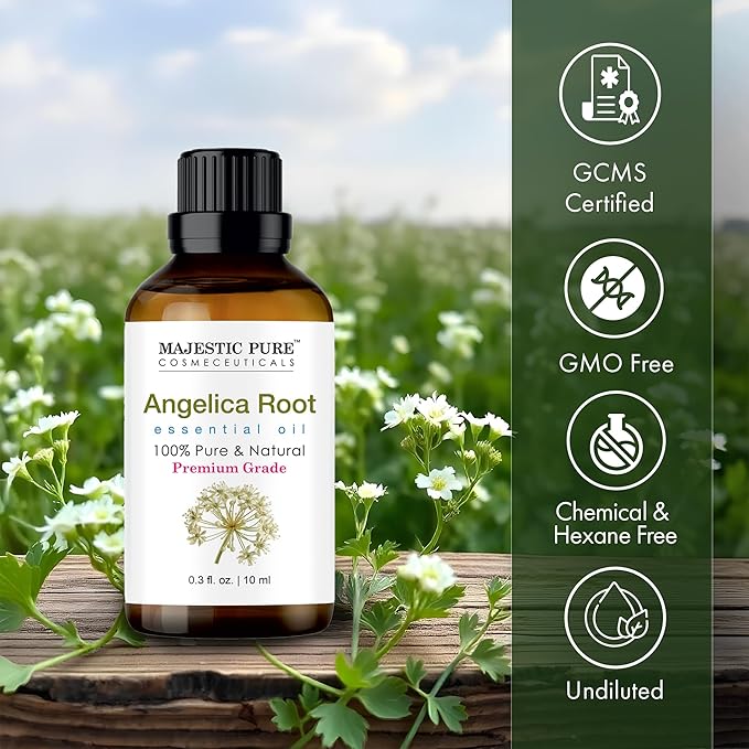 Majestic Pure Essential Oil with Glass Dropper - 100% Pure and Natural - Essential Oils for Diffuser, Aromatherapy, Soap and Candle Making, Angelica Root Essential Oil, Angelica Root Oil, 0.3 Fl Oz