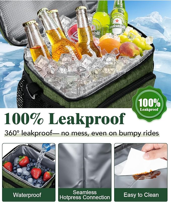 Insulated Lunch Bag for Men & Women, 9L Leakproof Lunch Box Soft Cooler Tote with 5 Pockets, 600D Oxford, EVA Lining, Adjustable Strap for Work, Picnic, Beach&Travel-Green