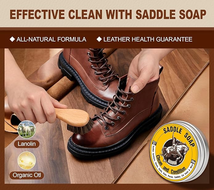 Leather Boot Care Kit, Mink Oil & Saddle Soap for Leather Cleaning & Leather Boots, 6-in-1 Leather Shoe Care Kit, Leather Cleaner and Conditioner for Purses, Shoes, Boots, Couch, Car